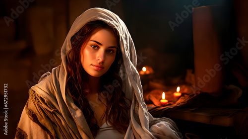 A girl dressed as the Virgin Mary, mother of Jesus. Christmas