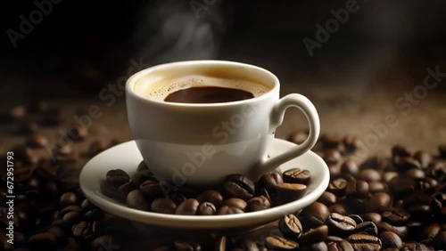 Animation of a steaming cup of coffee with coffee beans in the background