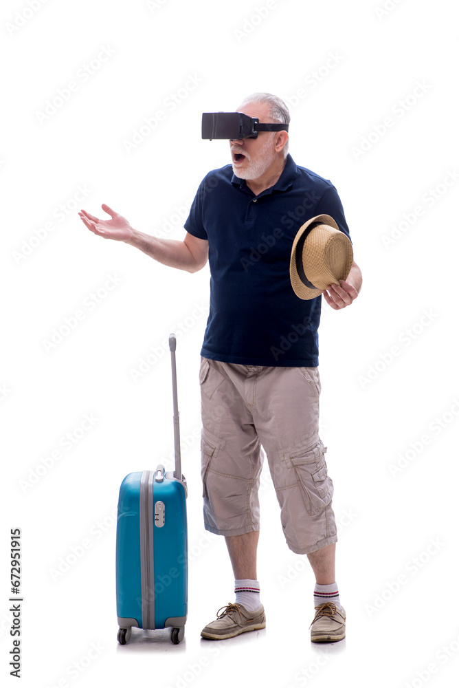 Old man in travelling concept isolated on white Old man in travelling concept isolated on white