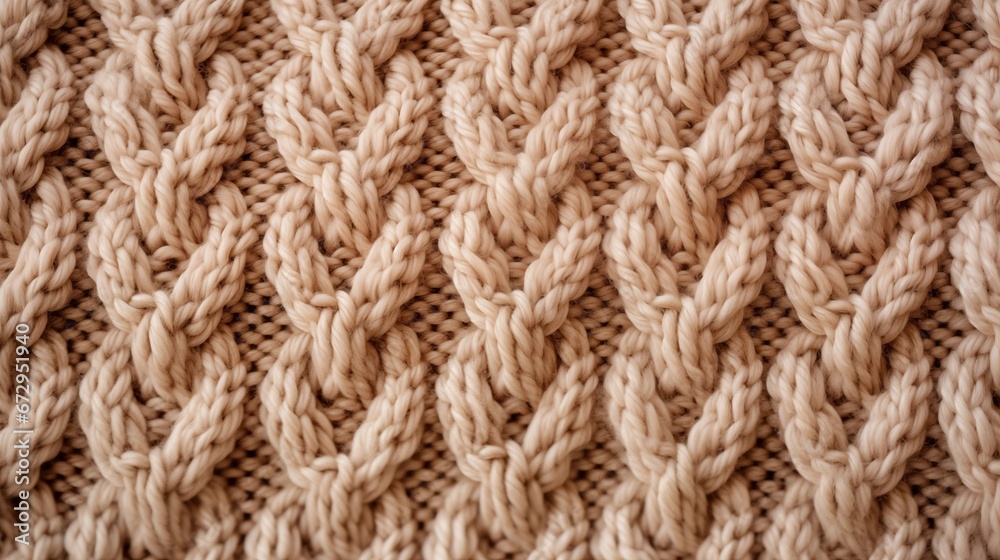 Handcrafted knitted fabrick, bage background, close-up shot Handcrafted knitted fabrick, bage background, close-up shot