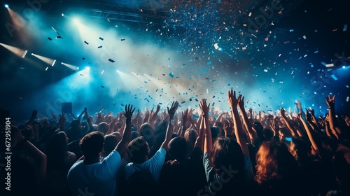 Live, rock concert, party, festival night club crowd cheering, stage lights and confetti falling. Cheering crowd.