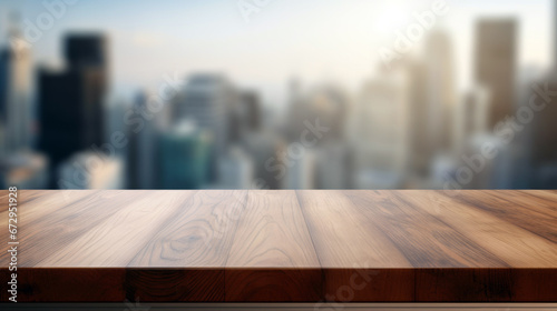 sleek wooden surface against soft blur modern city. Empty Product podium or pedestal. product template mockup. Mockup for branding, packaging. Blank product shelf standing backdrop. Copy space.
