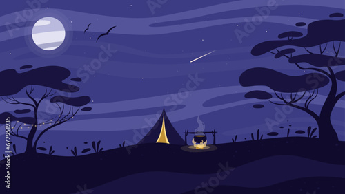 flat vector illustration of night rest, camping, night sky, moon, moonlight on water, mountain lake, starry sky, camping tent, campfire
