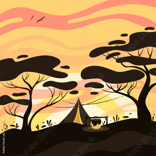 flat vector illustration of night rest, camping, night sky, moon, moonlight on water, mountain lake, starry sky, camping tent, campfire