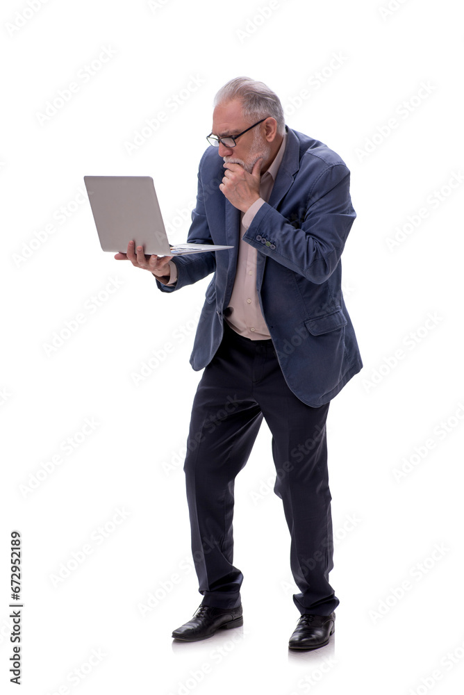 Old businessman with computer isolated on white Old businessman with computer isolated on white