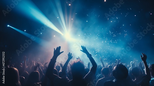 Live, rock concert, party, festival night club crowd cheering, stage lights and confetti falling. Cheering crowd.