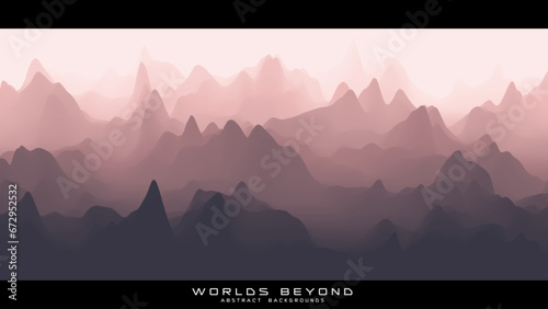Abstract reddish landscape with misty fog till horizon over mountain slopes. Gradient eroded terrain surface. Worlds beyond.