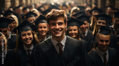 Happy time graduation, university institute school, graduation mantle and cap, joy group, receiving Bachelor Specialist Master degree, group selfies, classroom auditorium , toss up valedictorian hat. photo