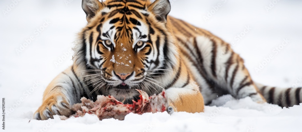 A large carnivorous feline from Siberia carrying a deceased creature in its jaws A large carnivorous feline from Siberia carrying a deceased creature in its jaws
