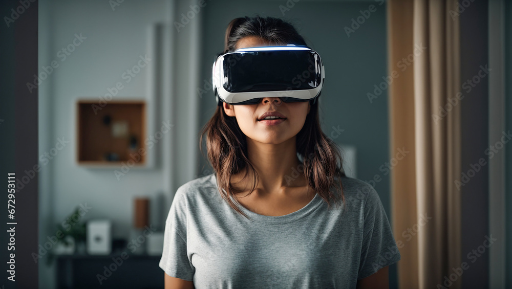 Portrait of a beautiful girl wearing virtual reality glasses Portrait of a beautiful girl wearing virtual reality glasses
