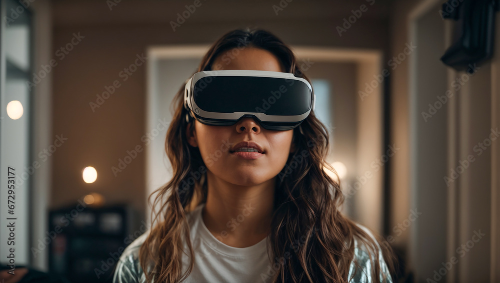 Portrait of a beautiful girl wearing virtual reality glasses Portrait of a beautiful girl wearing virtual reality glasses