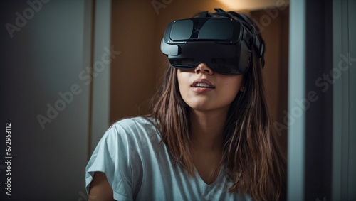 Portrait of a beautiful girl wearing virtual reality glasses