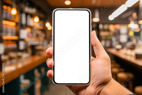 Mockup of Smartphone with White Screen in Male Hands in Cozy Coffee Shop or Boutique: Ideal for Promotion or App Advertising