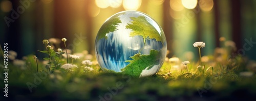 A glass globe sitting on top of a lush green field. Generative AI.