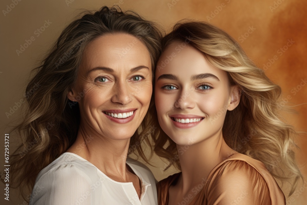 Two women are posing for a picture together. Mother and daughter. Generative AI. Two women are posing for a picture together. Mother and daughter. Generative AI.