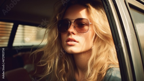 A young woman wearing sunglasses sitting in a car. Generative AI. © Natalia