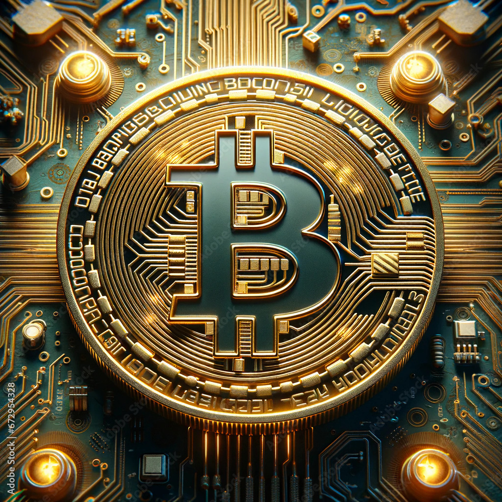 An art object that depicts a golden Bitcoin coin on a background of a high-tech circuit board. The coin features the iconic Bitcoin logo, a letter 'B'