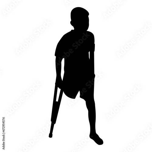 Silhouette of a child with disability. Vector illustration of a boy with no leg on crutches.