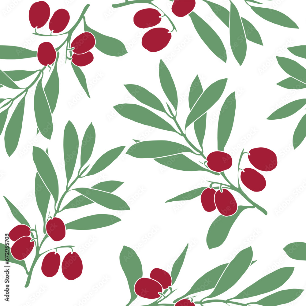 Olives seamless pattern. Branches with dark green olives for packaging or fabric. Vector illustration on used for textile.