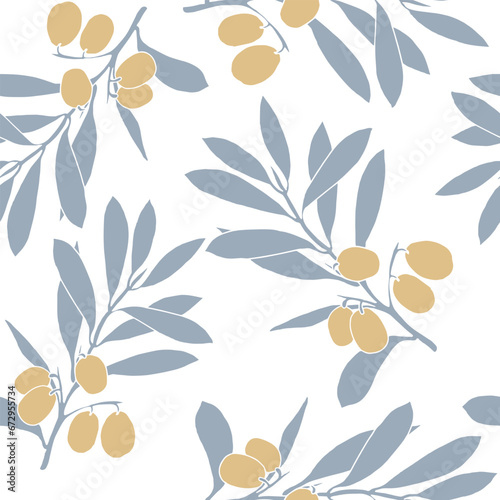 Olives seamless pattern. Branches with blue olives for packaging or fabric. Vector illustration on used for textile.