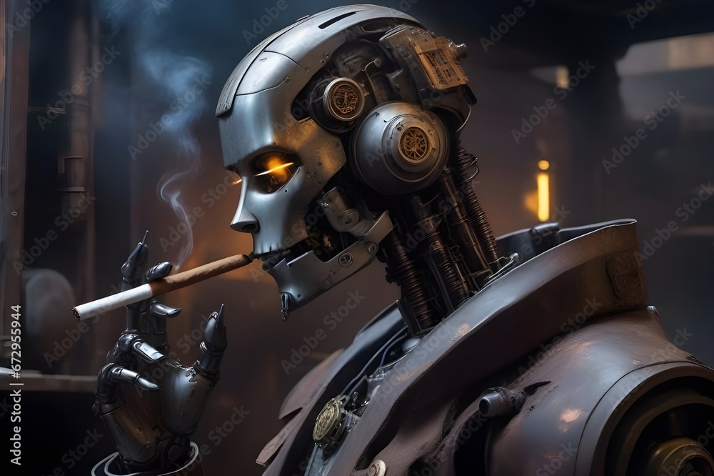 Fototapeta premium relaxed robot drinking and smoking