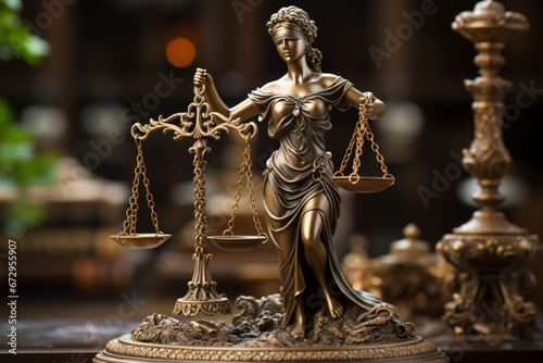 Bronze statue of Themis, Goddess of Justice holding Law Scales. Copy space
