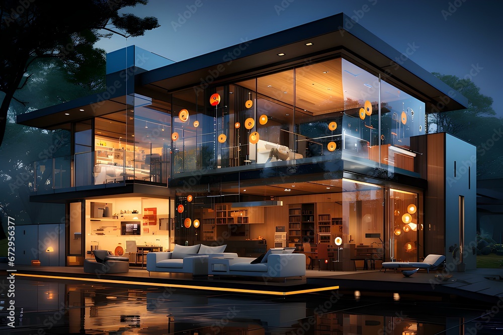 Inside a minimalist smart home, interconnected devices create a seamless and stylish interior, generative AI Inside a minimalist smart home, interconnected devices create a seamless and stylish interior, generative AI