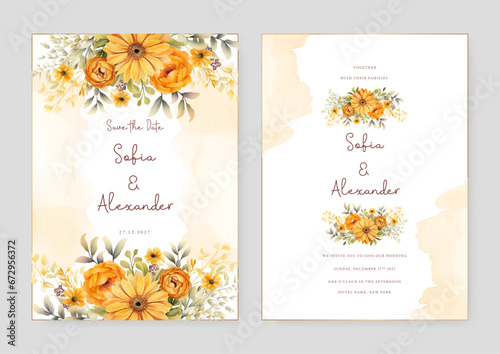 Orange and yellow sunflower and peony luxury wedding invitation with golden line art flower and botanical leaves, shapes, watercolor