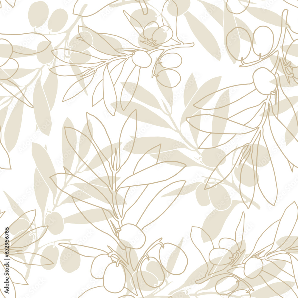 Seamless pastel green olive pattern. Greek olives on branches with leaves, hand drawn sketch vector illustration. Greek olive floral decoration fresh can be used for textile.