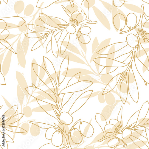 Seamless yellow olive pattern. Greek olives on branches with leaves  hand drawn sketch vector illustration. Greek olive floral decoration fresh can be used for textile.
