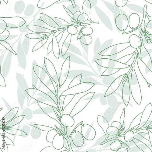 Seamless greeen olive pattern. Greek olives on branches with leaves, hand drawn sketch vector illustration. Greek olive floral decoration fresh can be used for textile.