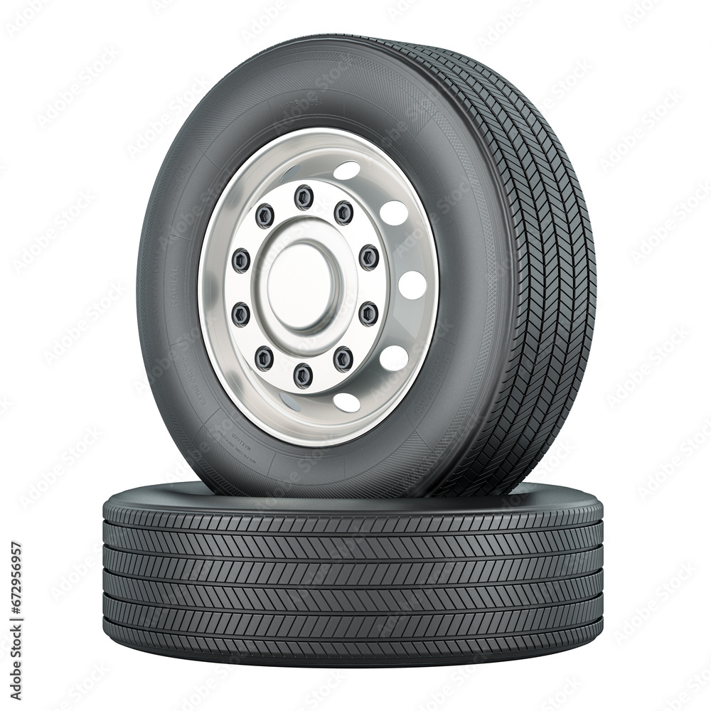Fototapeta premium Bus or truck wheels with front rims, 3D rendering isolated on transparent background