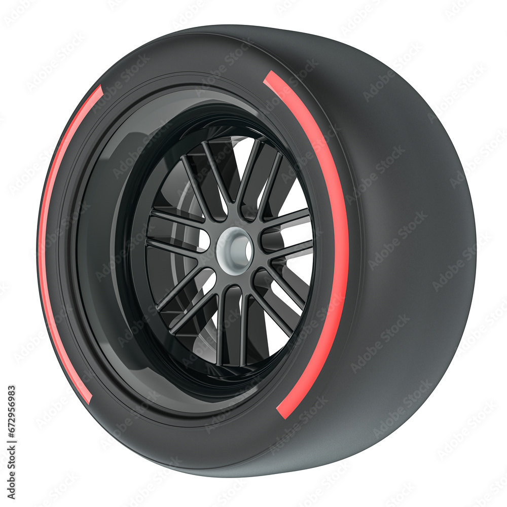 Fototapeta premium Racing Wheel with Red Soft, Compound type tyre, 3D rendering isolated on transparent background