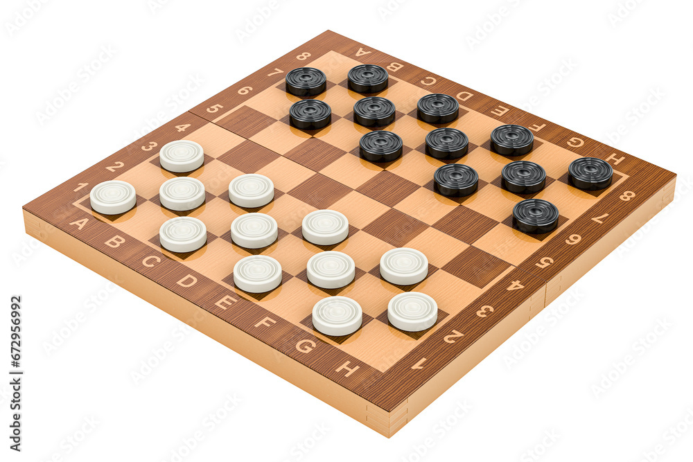 Checkers game board with pieces, 3D rendering isolated on transparent background Checkers game board with pieces, 3D rendering isolated on transparent background