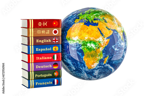 Textbooks or dictionaries with Earth Globe. Global Language Learning, 3D rendering isolated on transparent background