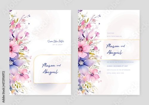 Pink and purple violet cosmos artistic wedding invitation card template set with flower decorations