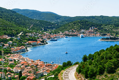Island of Vis bay aerial view, Dalmatia, Croatia. Europe paradice Vis Island in bay of adriatic sea. photo