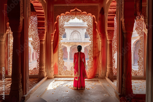 Elegance in Red: A Woman s Serene Moment in a Majestic Palace, ai generative photo