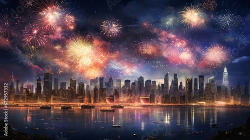 fireworks over night city sky  holiday background  bright colorful lights