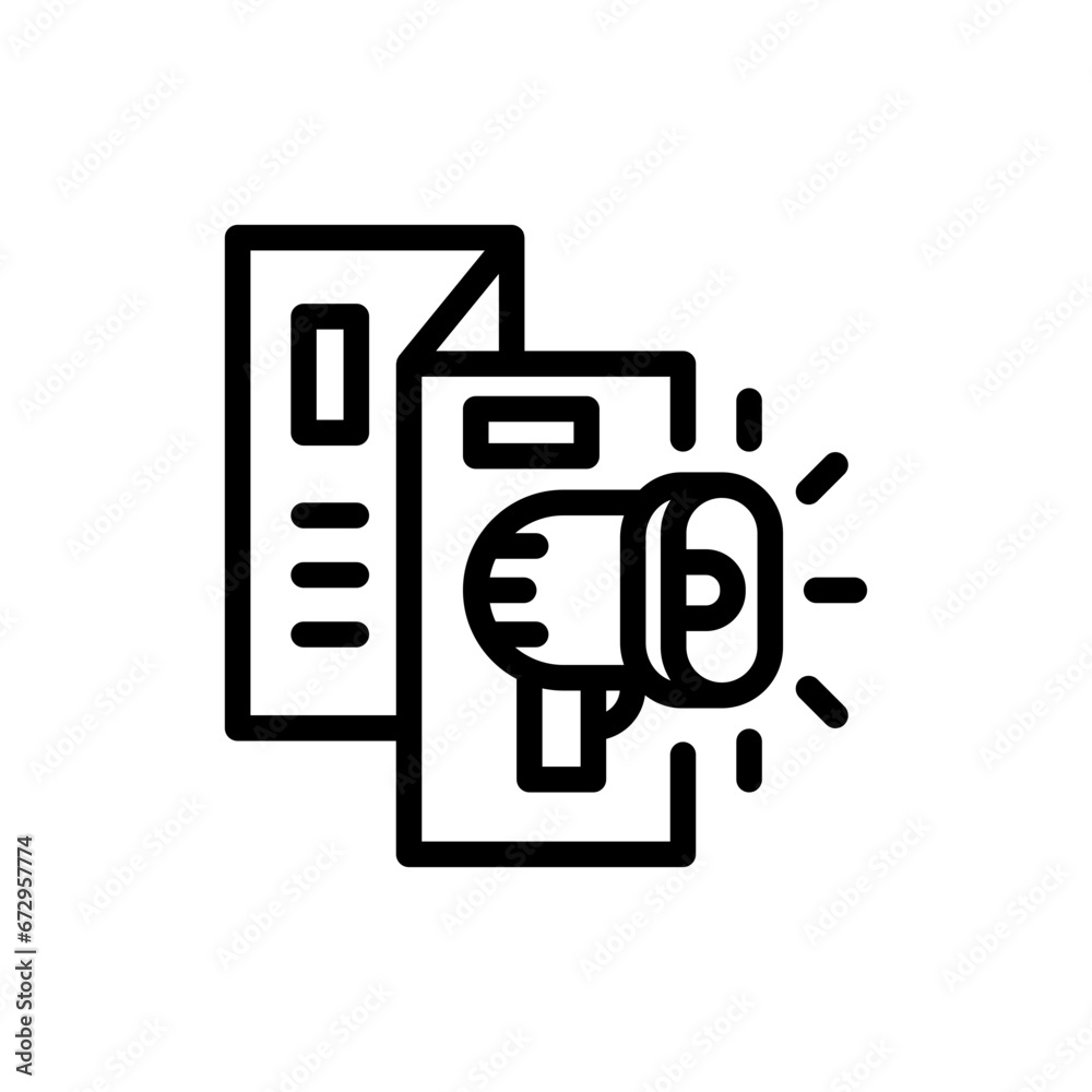 Brochure marketing icon with black outline style. cover, layout, presentation, flyer, booklet, template, design. Vector Illustration Brochure marketing icon with black outline style. cover, layout, presentation, flyer, booklet, template, design. Vector Illustration