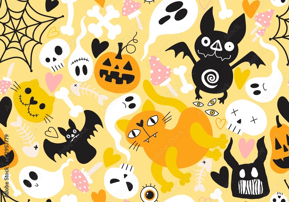 Fototapeta premium Halloween cat and pumpkins seamless ghost and skulls and poison pattern for wrapping paper and fabrics