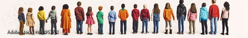 A row of different children standing with their backs to the camera. Dressed in everyday clothes.