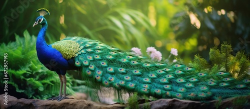 The peacock with green and blue feathers was performing a dance in the center of the open space encompassed by lush trees in their natural state photo