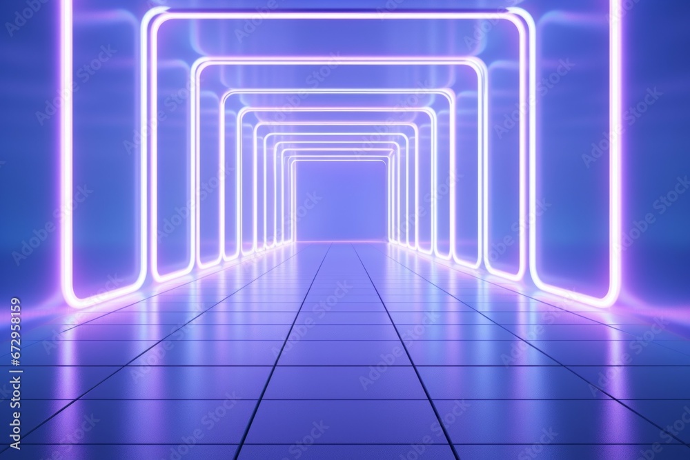 Long empty corridor with neon lights. Background with selective focus and copy space Long empty corridor with neon lights. Background with selective focus and copy space