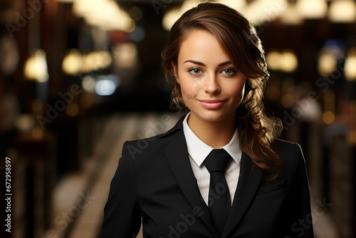 Woman hotel manager. Concept of top in demand profession. Portrait with selective focus and copy space
