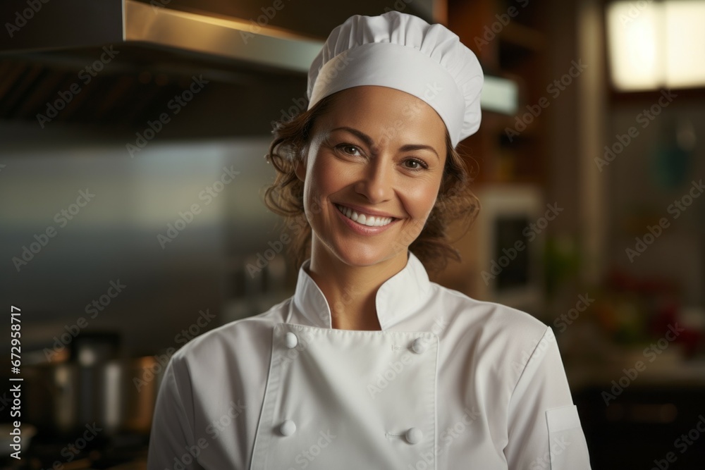 Woman cook or chef in a restaurant kitchen. Portrait with selective focus and copy space Woman cook or chef in a restaurant kitchen. Portrait with selective focus and copy space