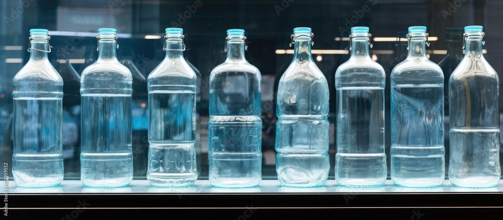Perspective from below of water bottles displayed in a store window Perspective from below of water bottles displayed in a store window