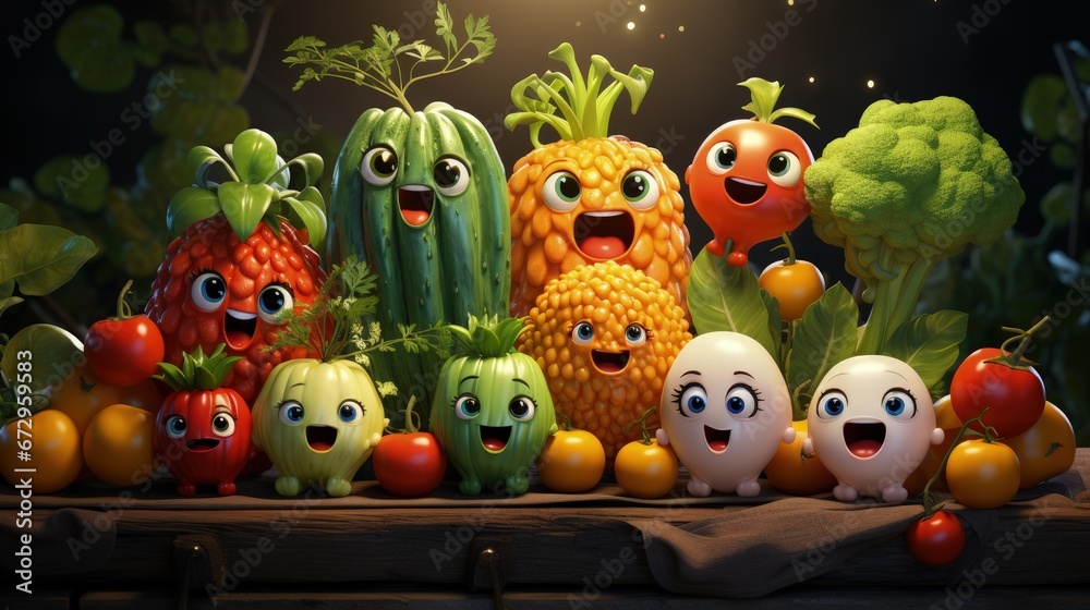 Vegetables fruit cartoon personality character, funny dietary ingredients of proper food, cute and funny products, grocery with human facial features .