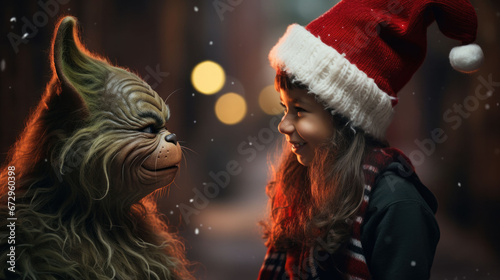 Young child smiling at a furry creature in a Santa hat under a snowy backdrop.