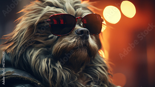Yorkshire terrier with sunglasses looking cool against an urban blurred background.  © Liana